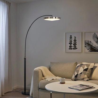 Redondo 1 Light LED Arc Floor Lamp - Matte Black Finish, Weathered Brass, Dimmer