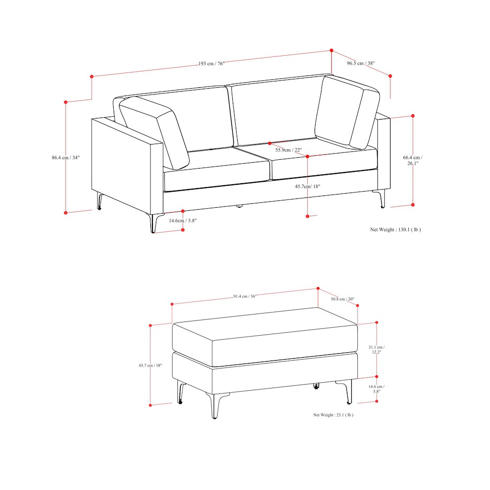 Ava 76-Inch Sofa And Ottoman Set In Tightly Woven Performance Fabric