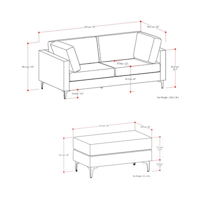 Ava 76-Inch Sofa And Ottoman Set In Tightly Woven Performance Fabric