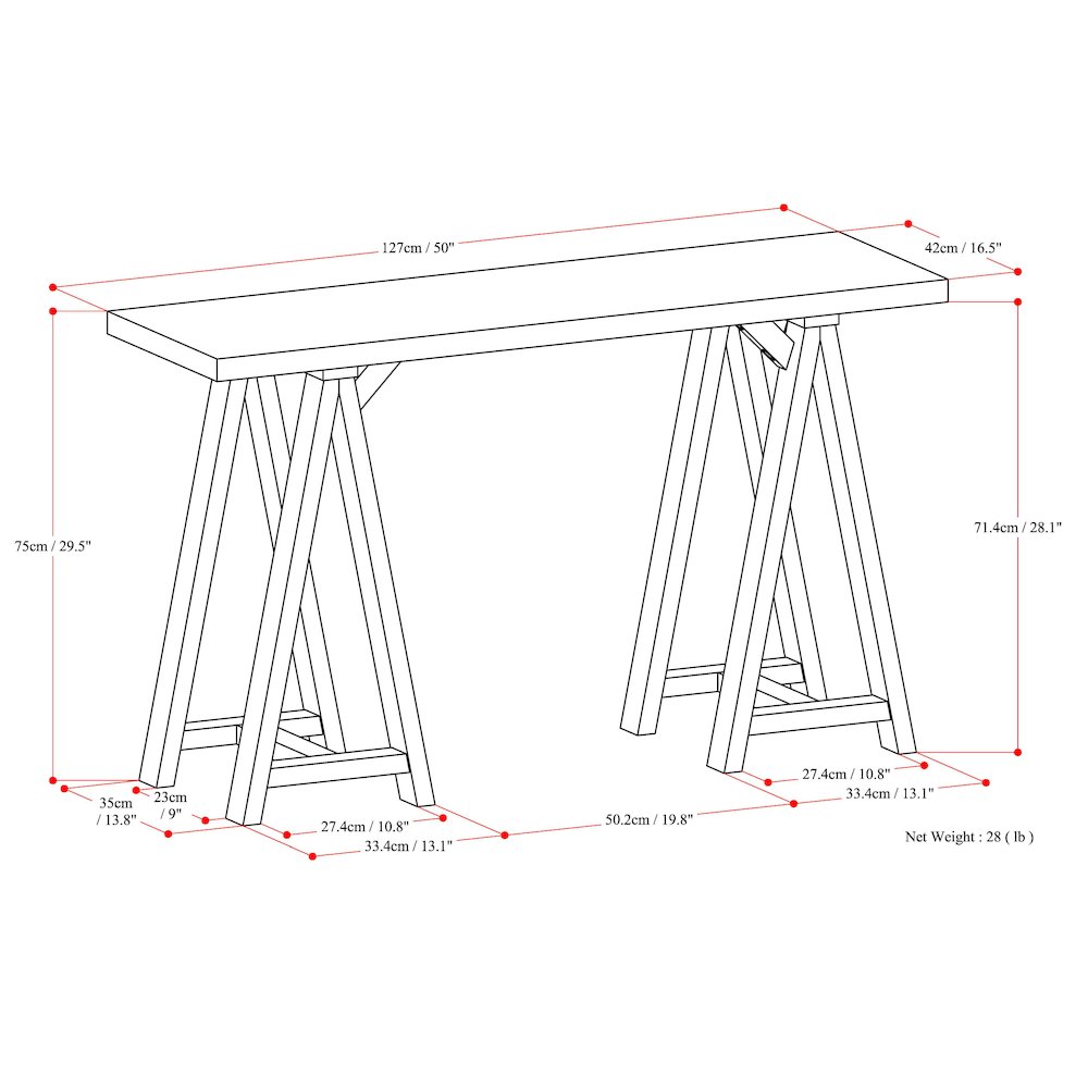 Sawhorse Solid Wood Console Sofa Table In Dark Chestnut Brown