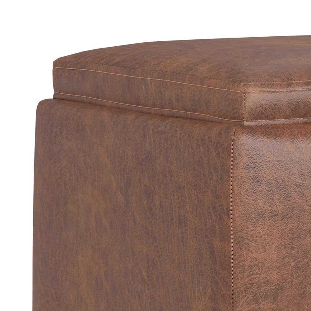 Natasha Storage Ottoman With Tray In Distressed Saddle Brown  Vegan Faux Leather