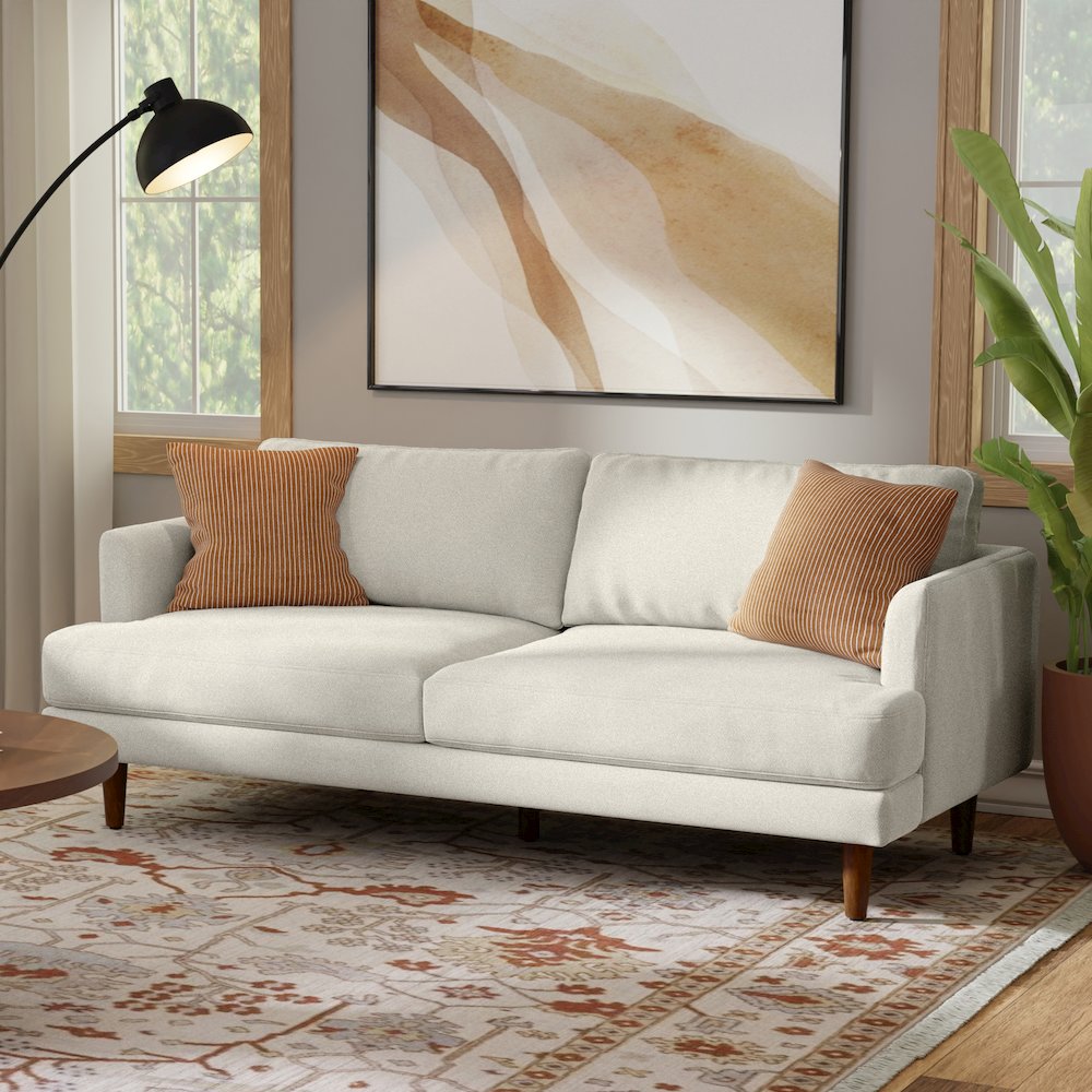 76 inch Wide Mid-Century Modern Loveseat Sofa in Cream White Woven-Blend Fabric