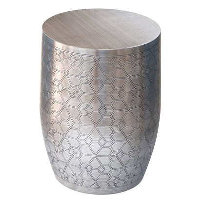 15"W Boho Geometric Pattern Metal Accent Table in Antique Silver Iron, Assembled