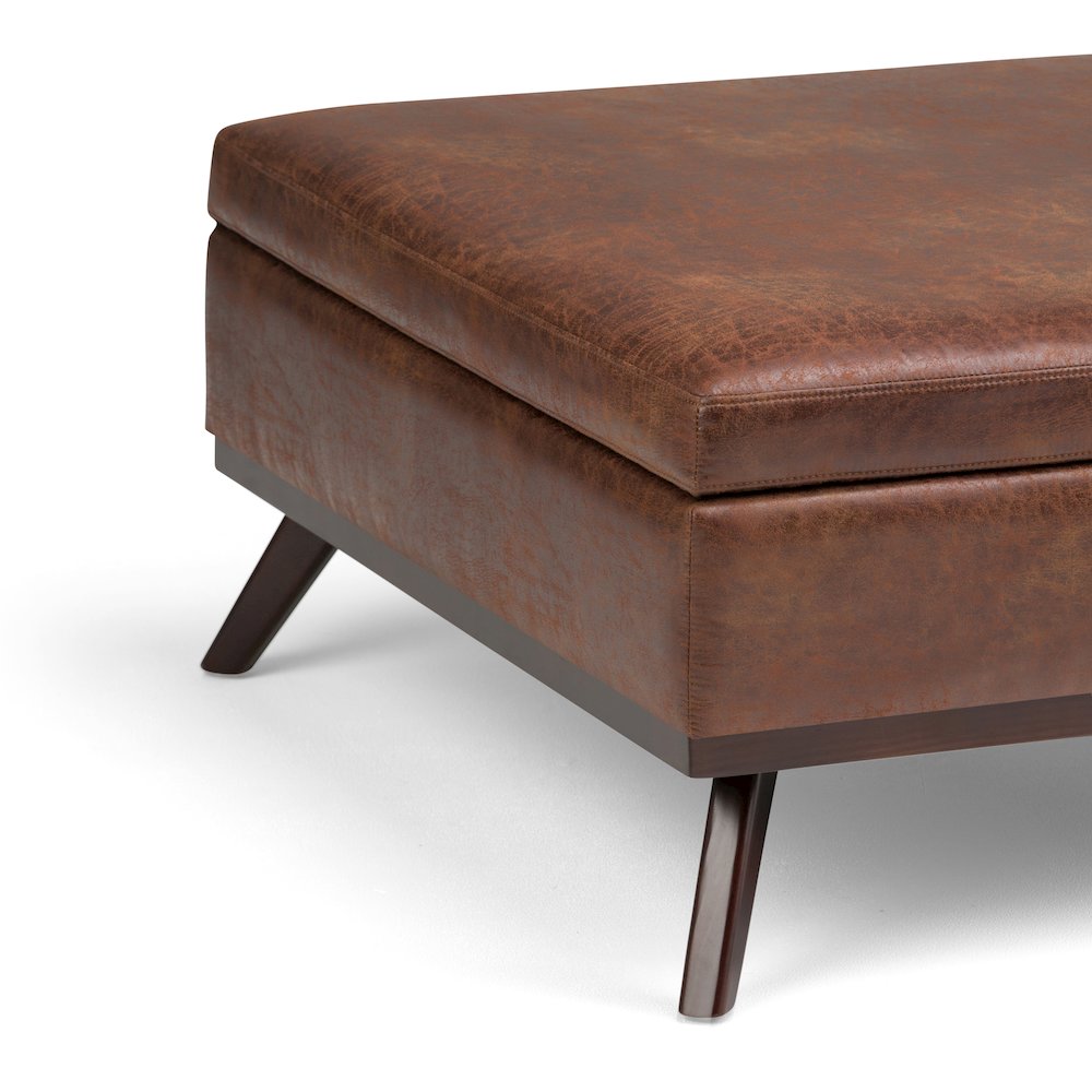 Coffee Table Storage Ottoman In Distressed Saddle Brown Vegan Faux Leather