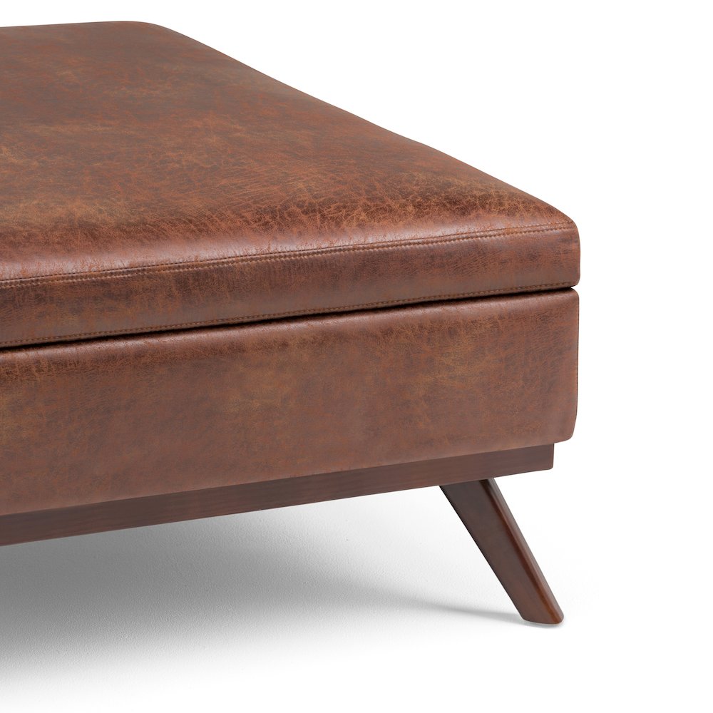 Coffee Table Storage Ottoman In Distressed Saddle Brown Vegan Faux Leather