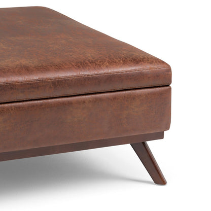 Coffee Table Storage Ottoman In Distressed Saddle Brown Vegan Faux Leather