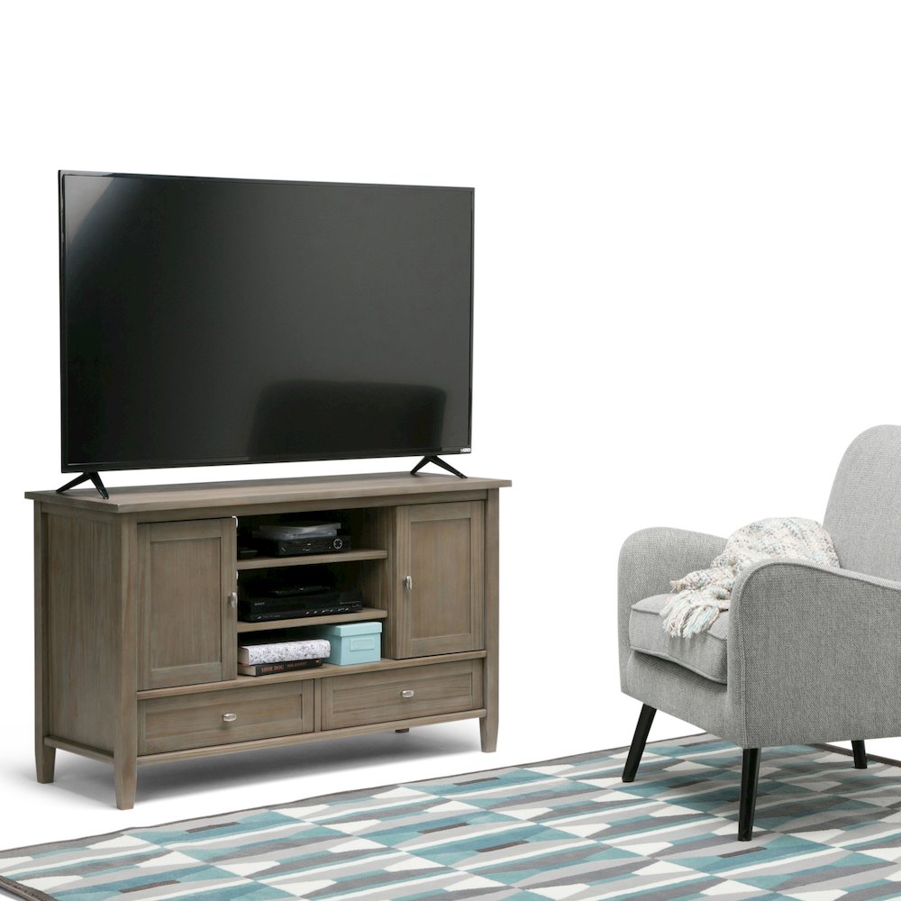 Warm Shaker Solid Wood Tv Media Stand In Distressed Grey For Tvs Up To 50 Inches