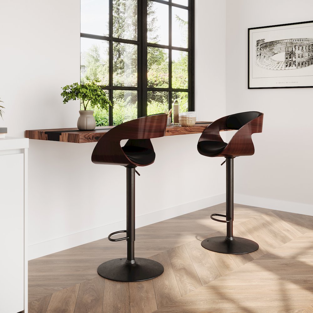Archer Bentwood Adjustable Swivel Bar Stool In Black Vegan Faux Leather