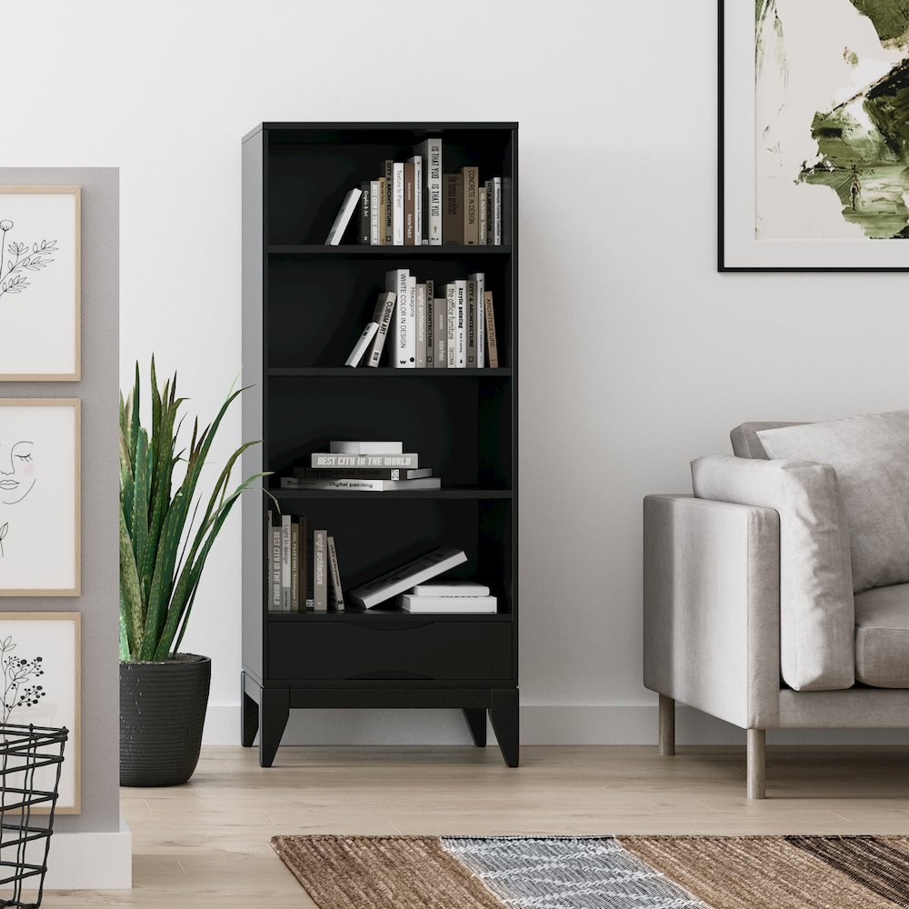 Harper Solid Hardwood Bookcase With Storage In Black
