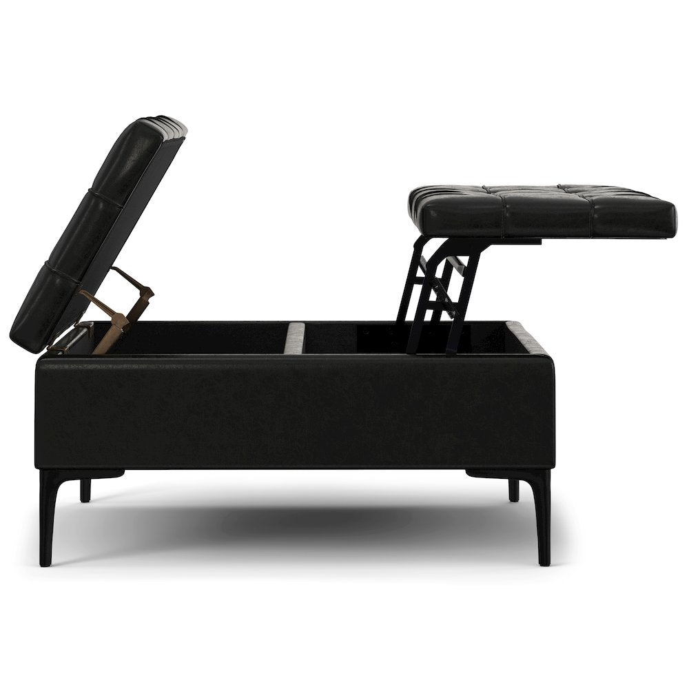 Laura Mid Century Lift Top Storage Ottoman in Midnight Black Vegan Faux Leather
