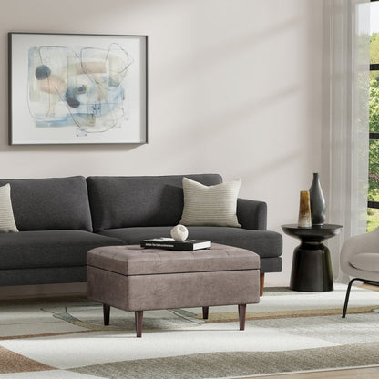 Small Coffee Table Storage Ottoman In Distressed Grey Taupe Vegan Faux Leather