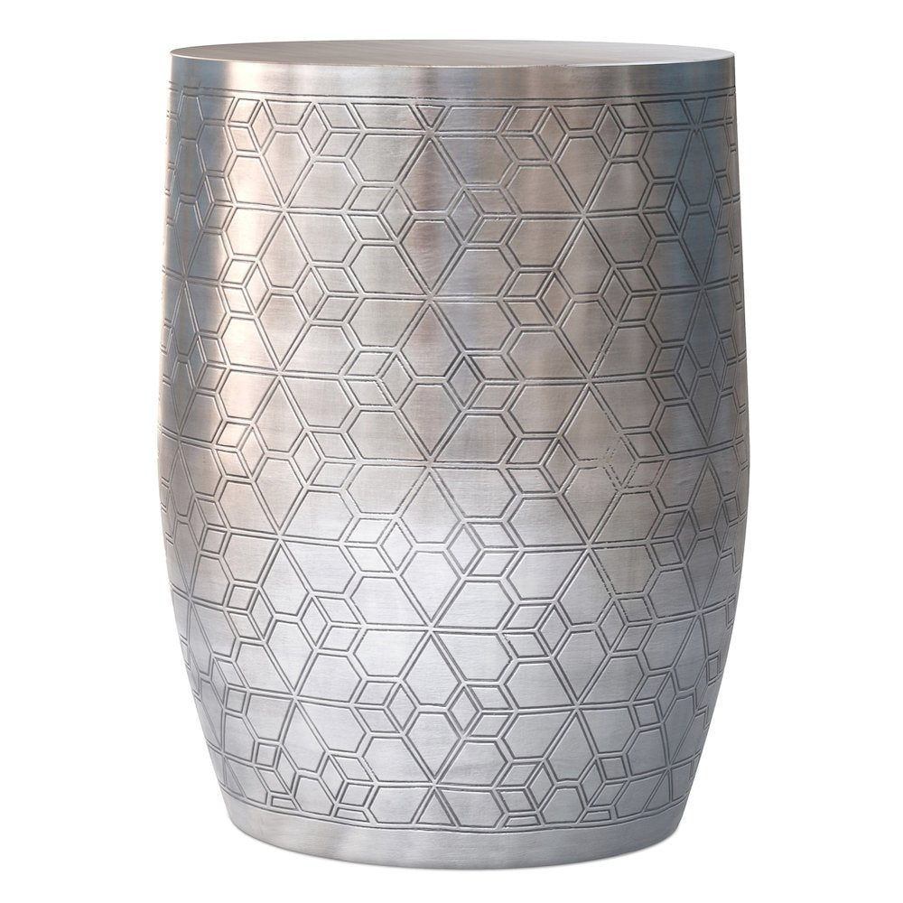 15"W Boho Geometric Pattern Metal Accent Table in Antique Silver Iron, Assembled