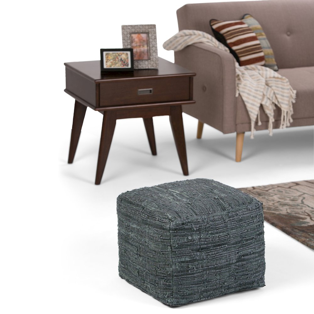 Fredrik Square Pouf In Grey Woven Genuine Leather