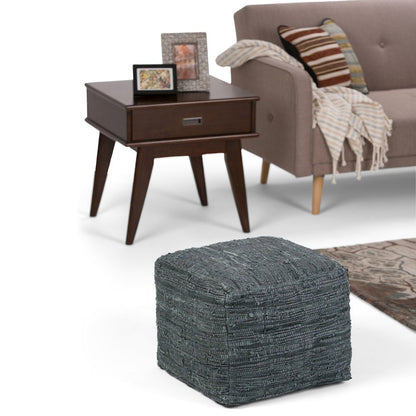 Fredrik Square Pouf In Grey Woven Genuine Leather