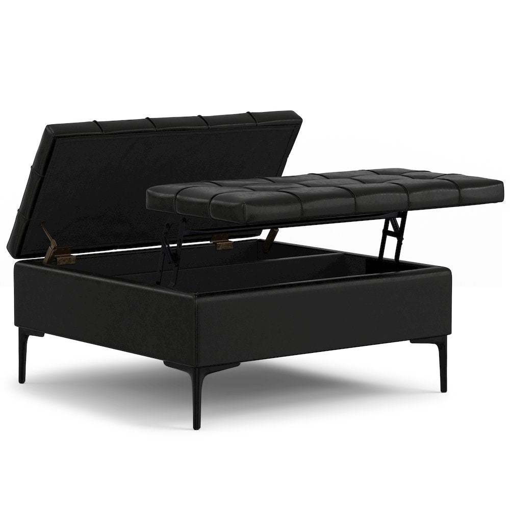 Laura Mid Century Lift Top Storage Ottoman in Midnight Black Vegan Faux Leather
