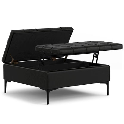 Laura Mid Century Lift Top Storage Ottoman in Midnight Black Vegan Faux Leather