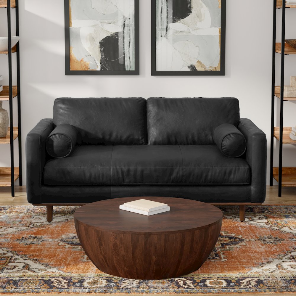 Morrison 72 inch Wide Mid-Century Modern Sofa in Lead Black Genuine Leather