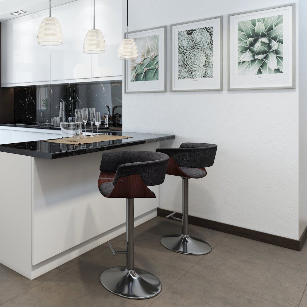 Sheldon Adjustable Swivel Bar Stool In Charcoal Grey Linen Look Fabric