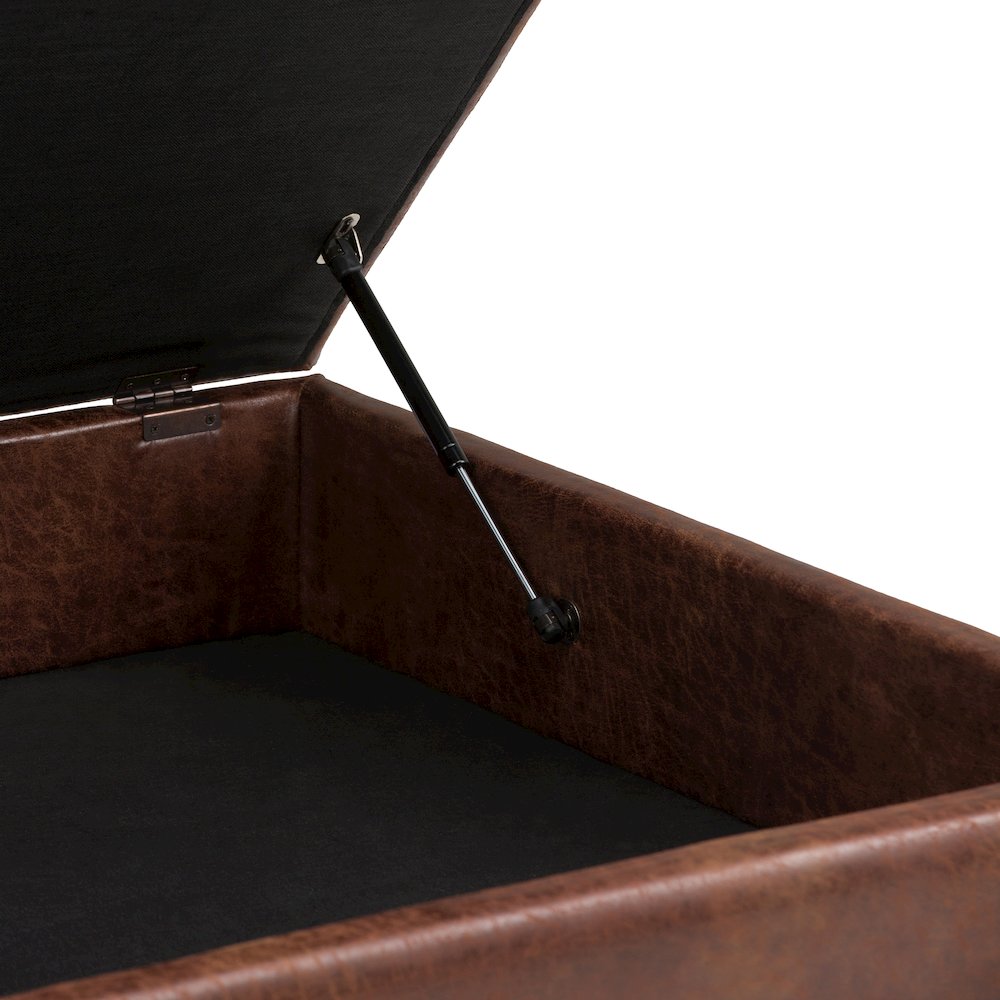 Coffee Table Storage Ottoman In Distressed Saddle Brown Vegan Faux Leather
