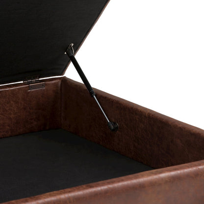 Coffee Table Storage Ottoman In Distressed Saddle Brown Vegan Faux Leather