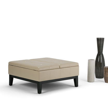 Dover Square Coffee Table Storage Ottoman In Satin Cream Vegan Faux Leather