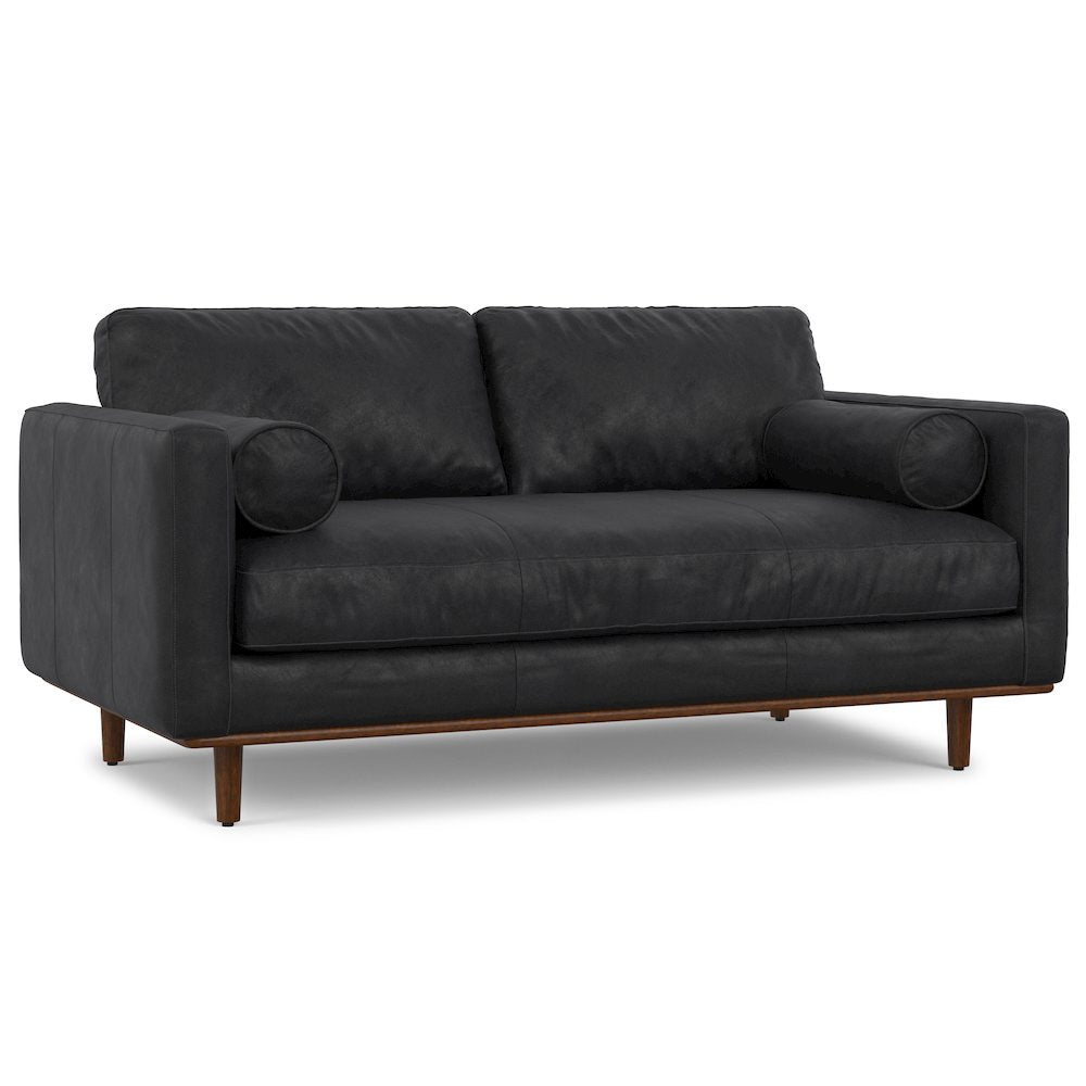 Morrison 72 inch Wide Mid-Century Modern Sofa in Lead Black Genuine Leather