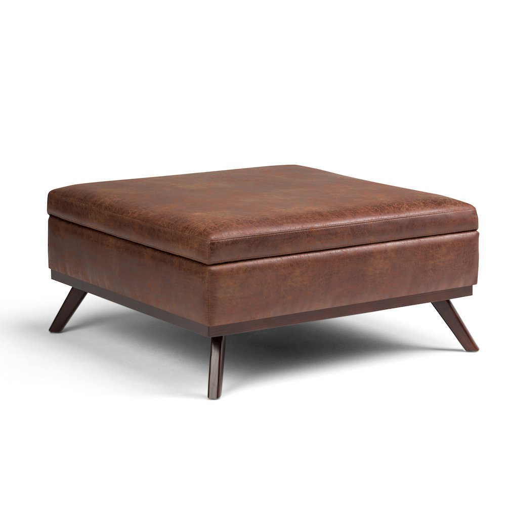 Coffee Table Storage Ottoman In Distressed Saddle Brown Vegan Faux Leather