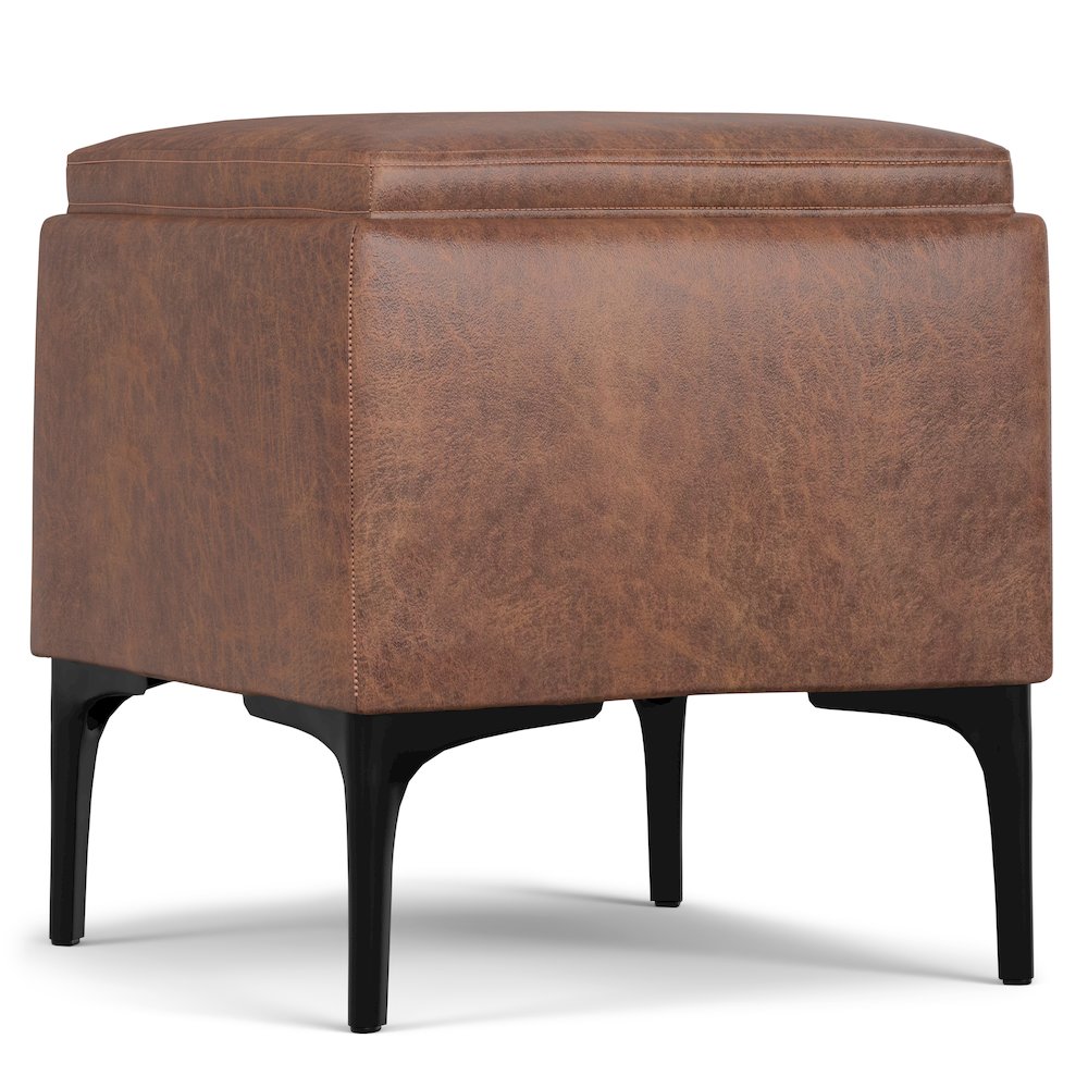 Natasha Storage Ottoman With Tray In Distressed Saddle Brown  Vegan Faux Leather
