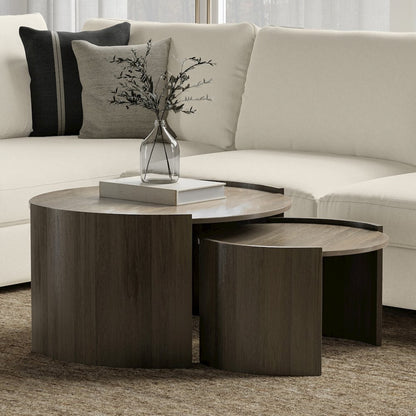 Solid Mango Wood 32In Wide Round Contemporary 2 Piece Nesting Table In Ash Grey