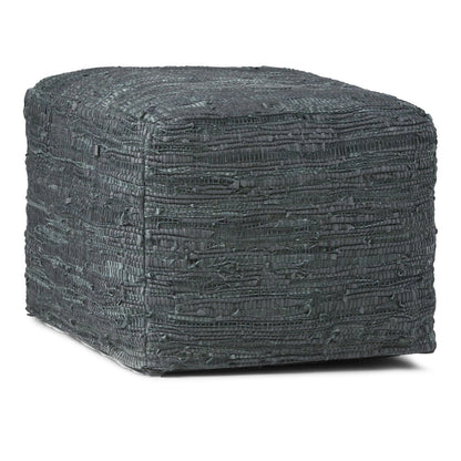 Fredrik Square Pouf In Grey Woven Genuine Leather