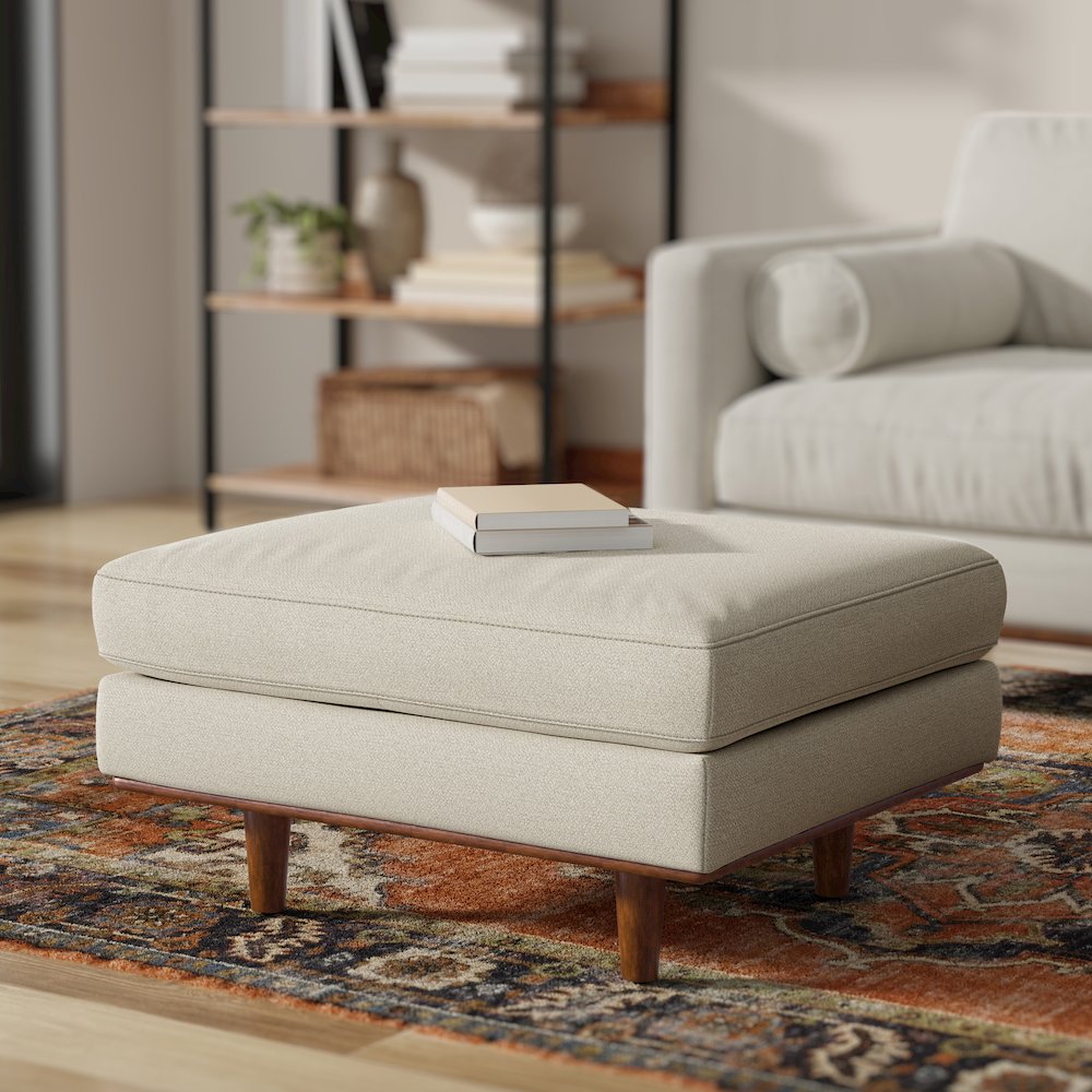 33 inch Wide Mid-Century Modern Table Ottoman in Cream White Woven-Blend Fabric