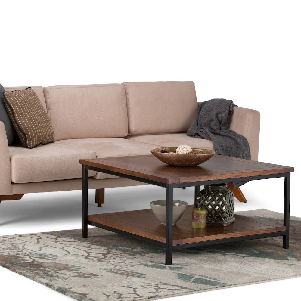 Skyler Solid Mango Wood Square Coffee Table In Dark Cognac Brown