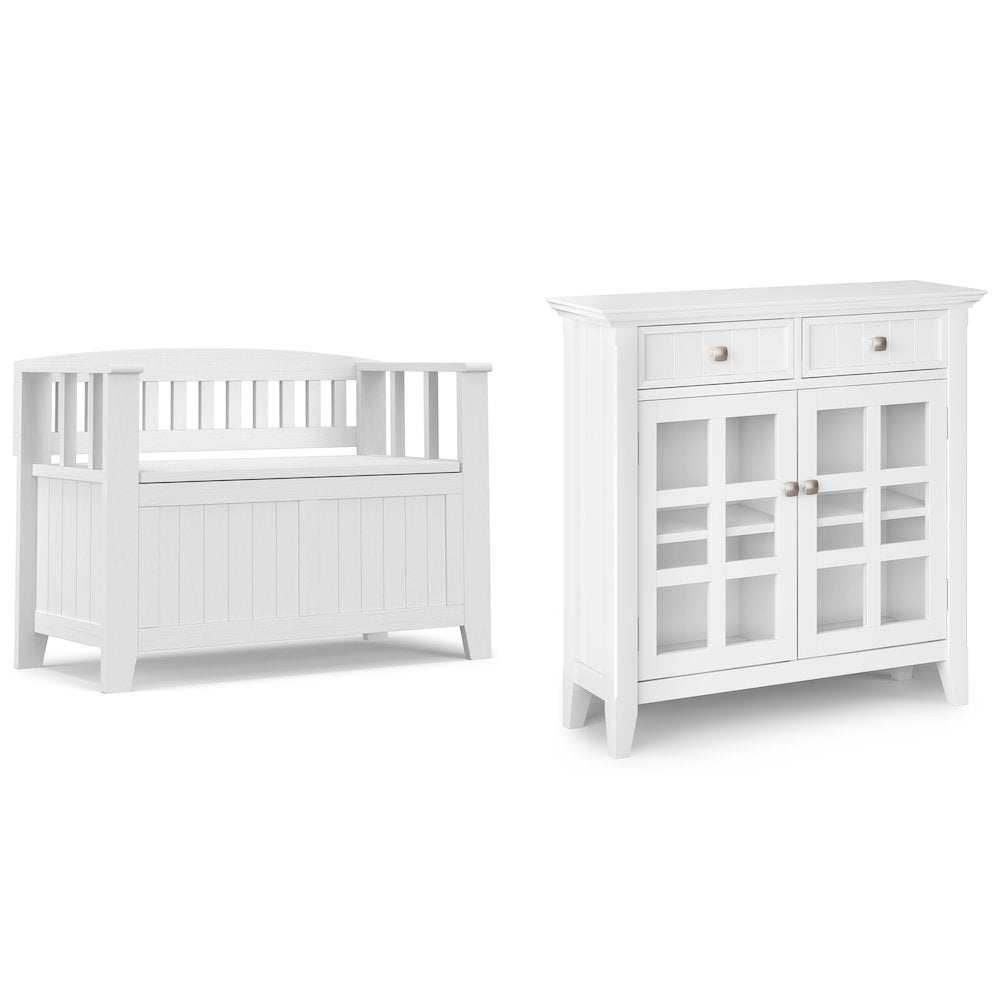 36 inch Wide Small Storage Bench and 36 inch Wide Storage Cabinet in White