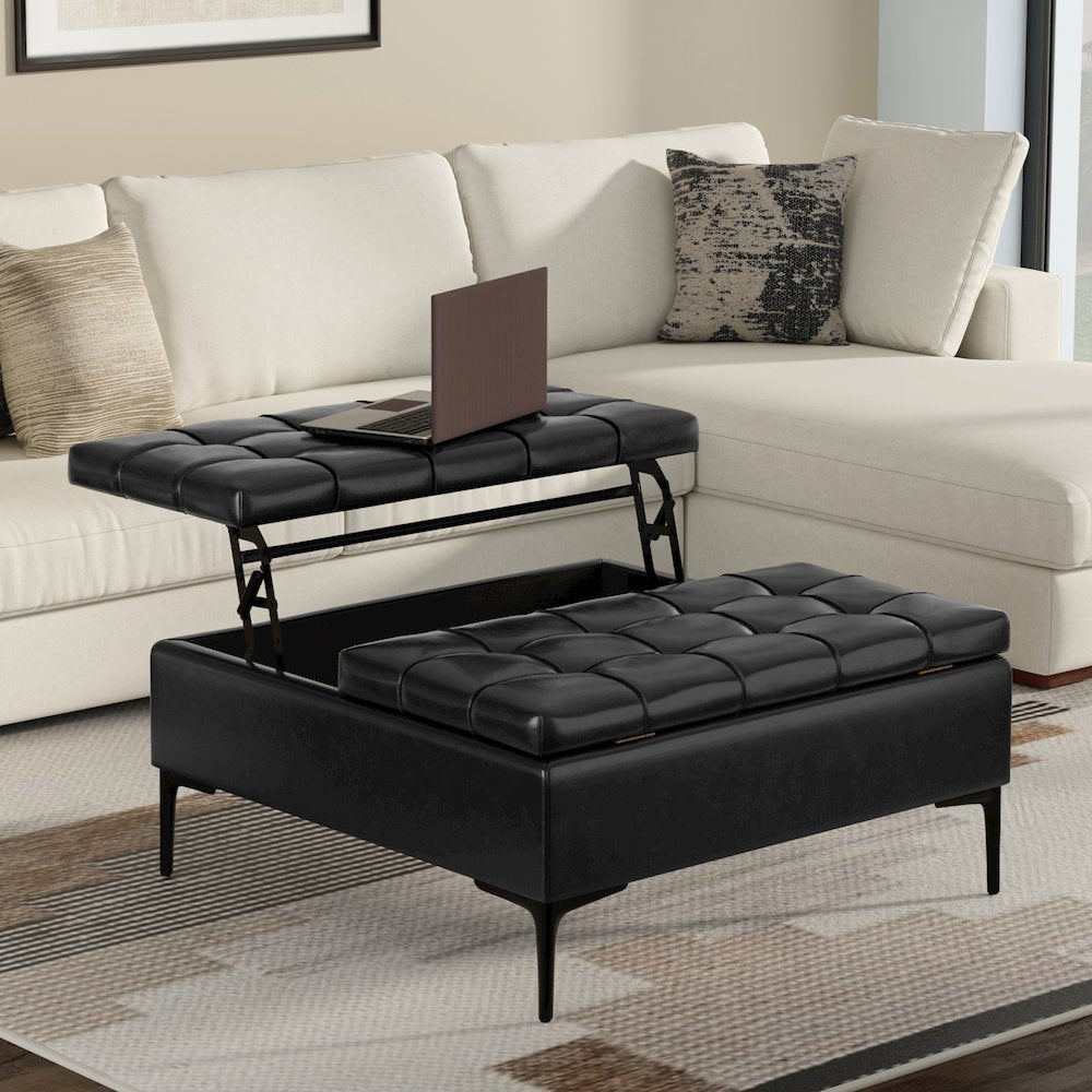 Laura Mid Century Lift Top Storage Ottoman in Midnight Black Vegan Faux Leather