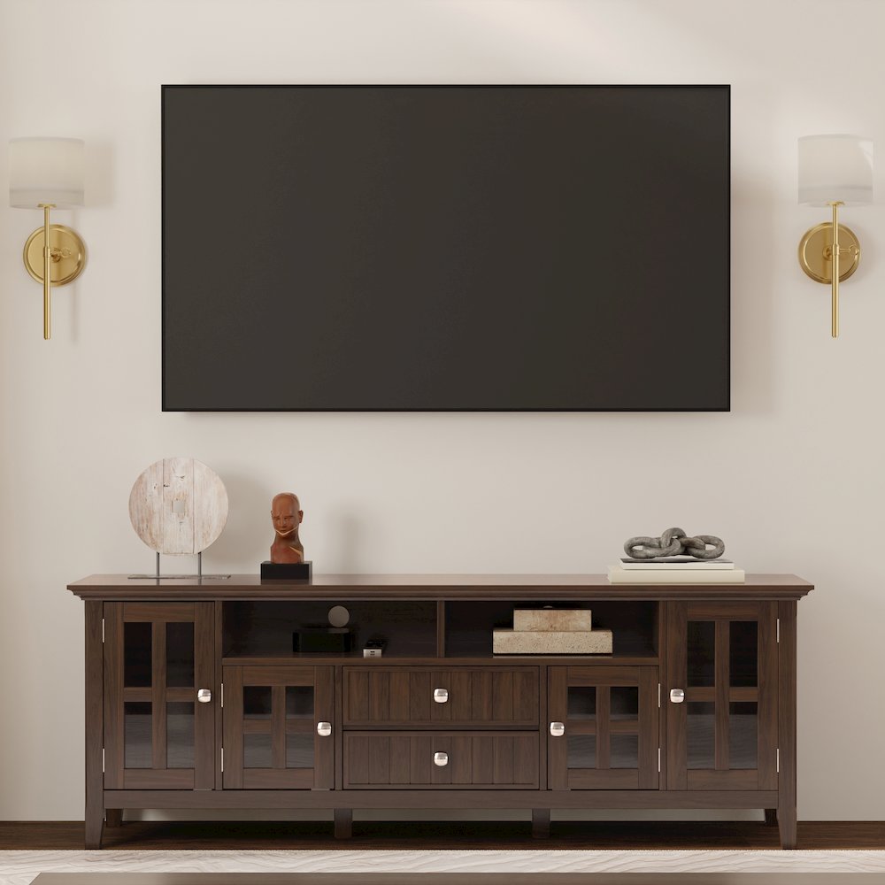 72 Inch Wide Tv Media Stand In Brunette Brown For Tvs Up To 80 Inches