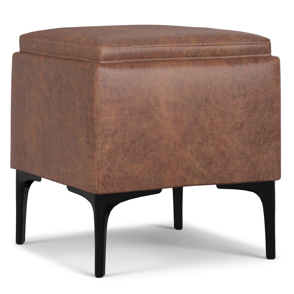 Natasha Storage Ottoman With Tray In Distressed Saddle Brown  Vegan Faux Leather