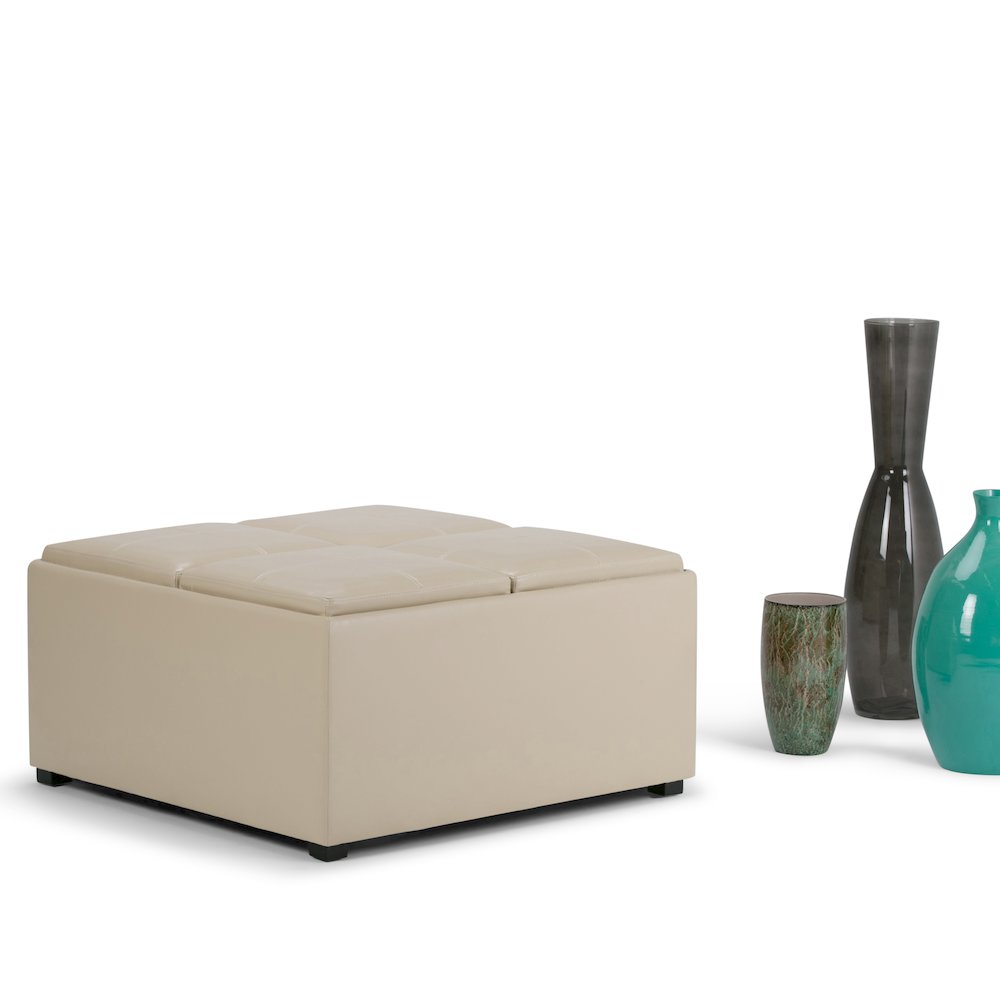 Avalon Square Coffee Table Storage Ottoman In Satin Cream Vegan Faux Leather