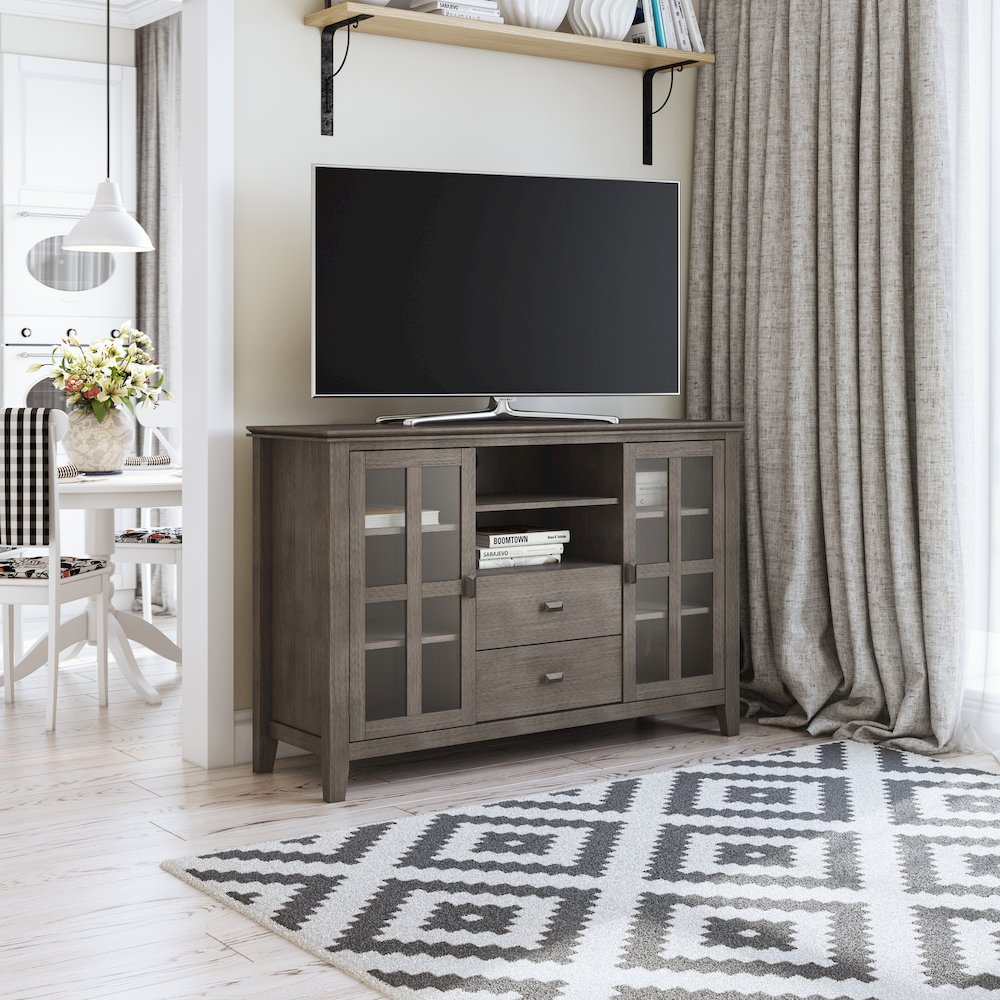 Artisan Solid Wood Tall Tv Media Stand In Farmhouse Grey For Tvs Up To 60 Inches