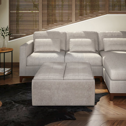 Square Coffee Table Storage Ottoman In Distressed Grey Taupe Vegan Faux Leather