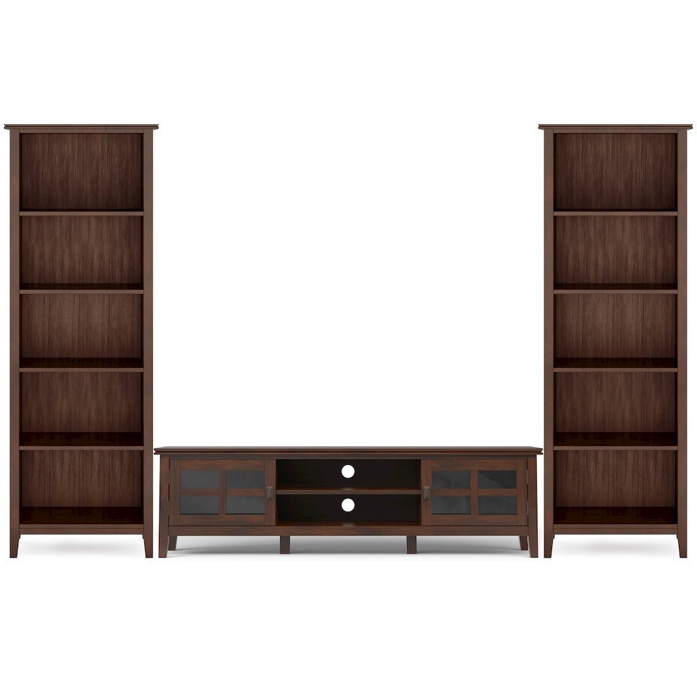 72"W Low TV Stand with Two 26"W 5 Shelf Bookcases in Russet Brown (Set of 3)
