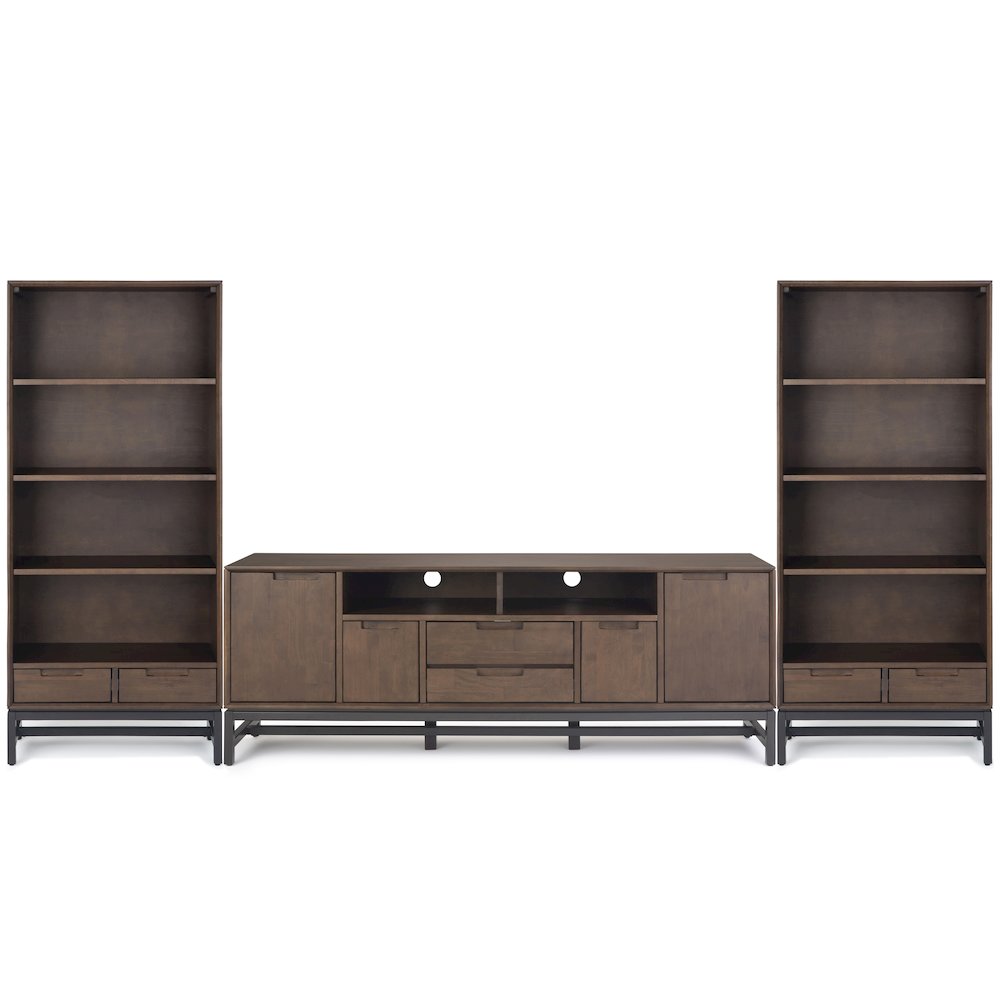 72 inch Wide TV Stand with Two 30 inch Wide Bookcases in Walnut Brown (Set of 3)