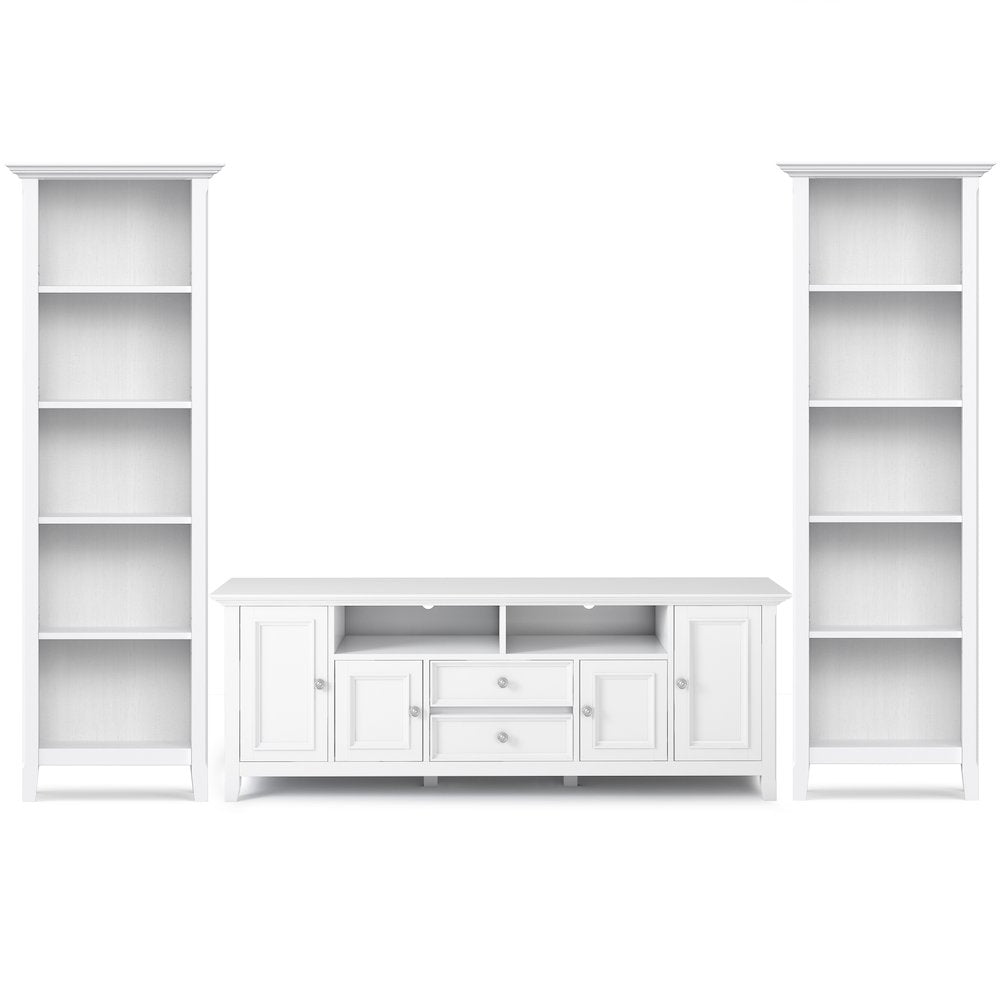 72"W TV Stand with Two 24"W 5 Shelf Bookcases in White (Set of 3)