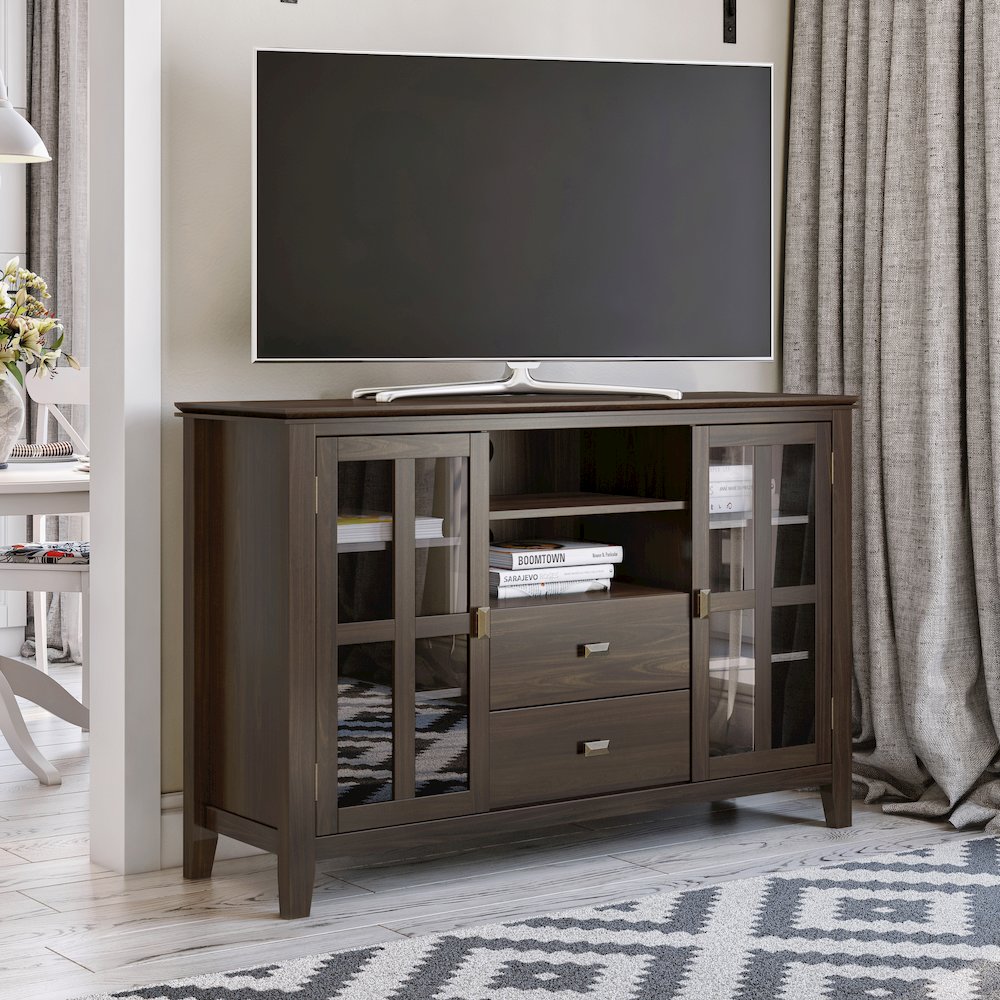 Artisan Solid Wood Tall Tv Media Stand In Tobacco Brown For Tvs Up To 60 Inches