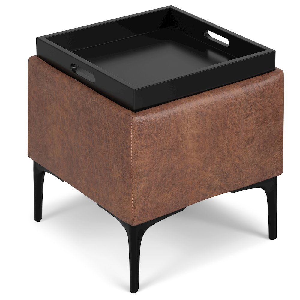 Natasha Storage Ottoman With Tray In Distressed Saddle Brown  Vegan Faux Leather