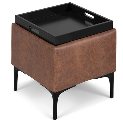 Natasha Storage Ottoman With Tray In Distressed Saddle Brown  Vegan Faux Leather