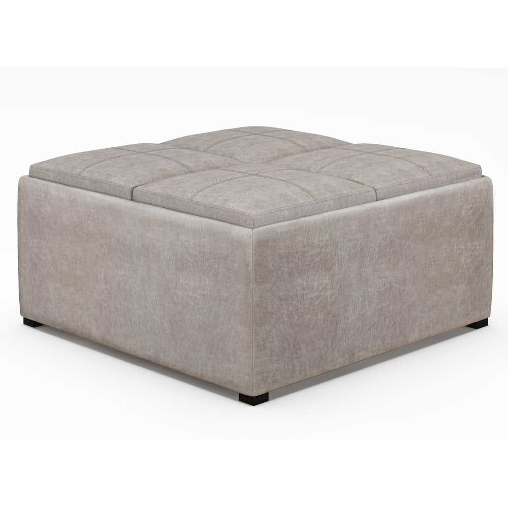 Square Coffee Table Storage Ottoman In Distressed Grey Taupe Vegan Faux Leather