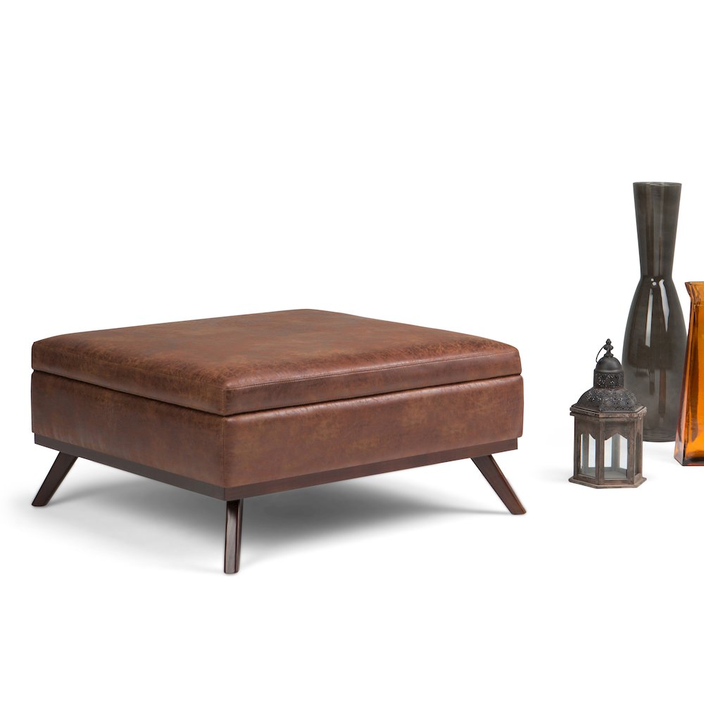Coffee Table Storage Ottoman In Distressed Saddle Brown Vegan Faux Leather