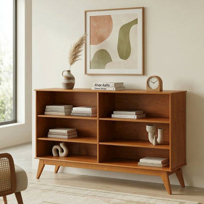 Draper 64 inch Wide Solid Wood Mid Century 6 Shelf Bookcase in Teak Brown