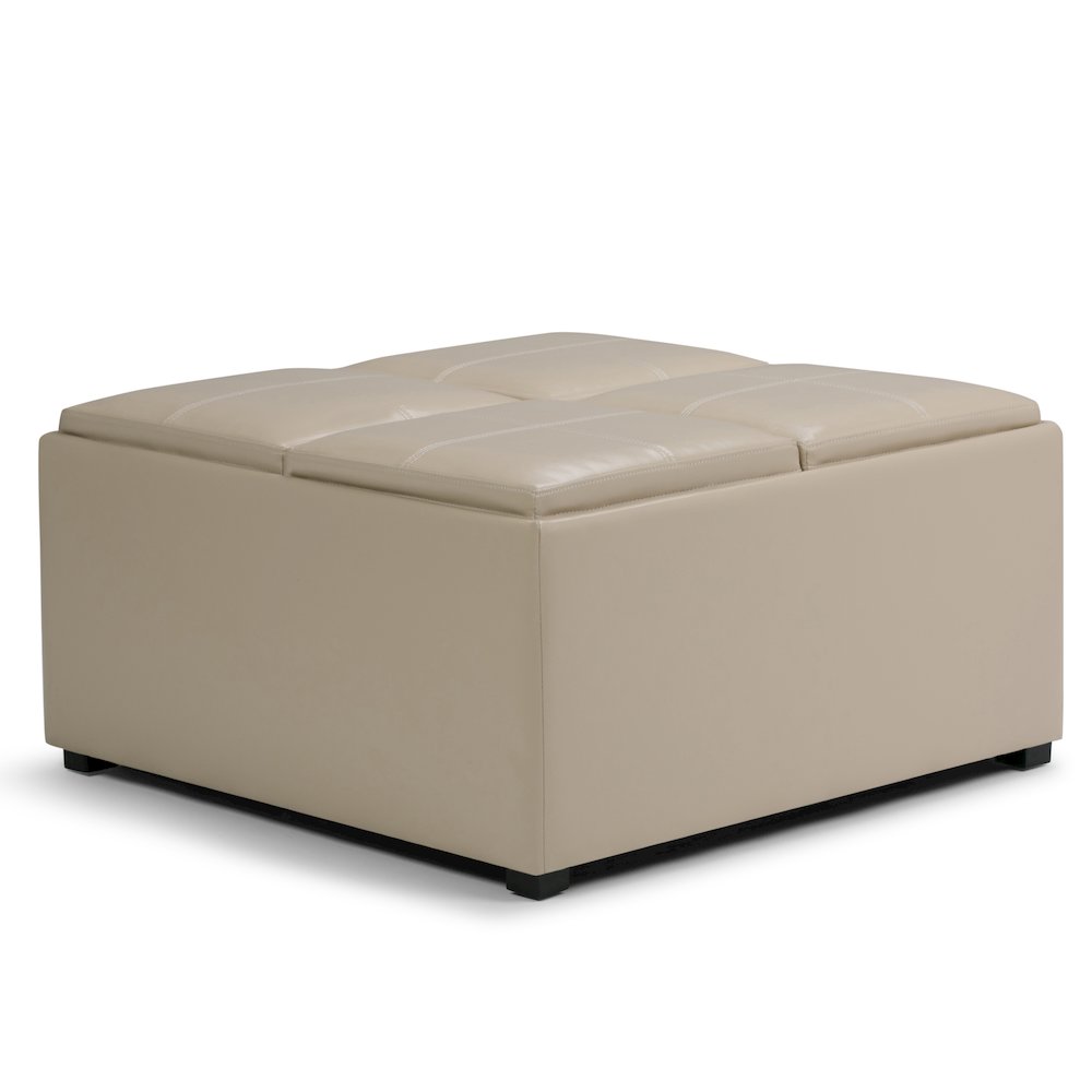 Avalon Square Coffee Table Storage Ottoman In Satin Cream Vegan Faux Leather