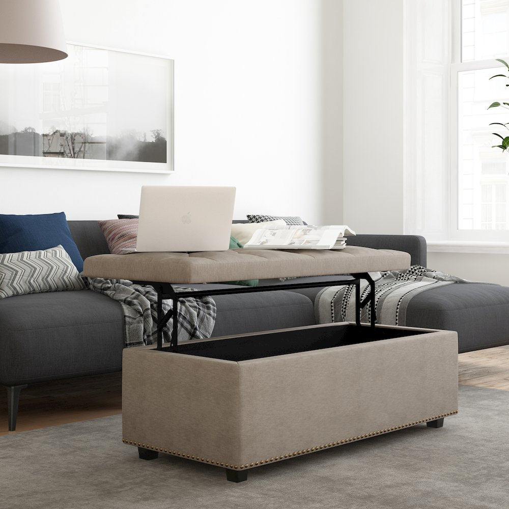 Hamilton Lift Top Rectangular Storage Ottoman in Natural Linen Look Fabric
